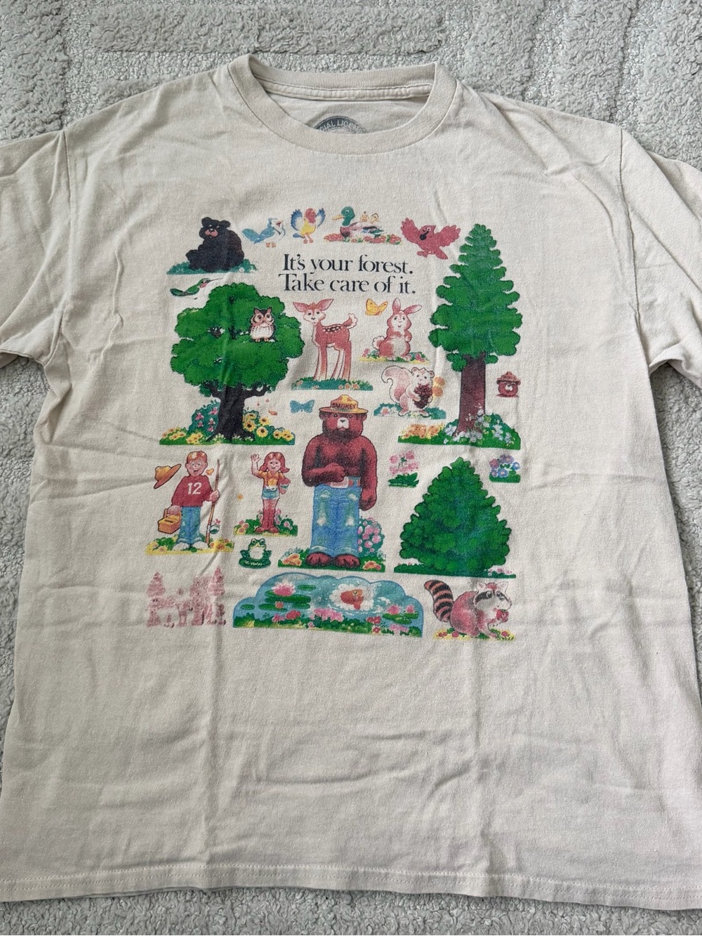 Cream Short Sleeve Tee with Trees and Wildlife